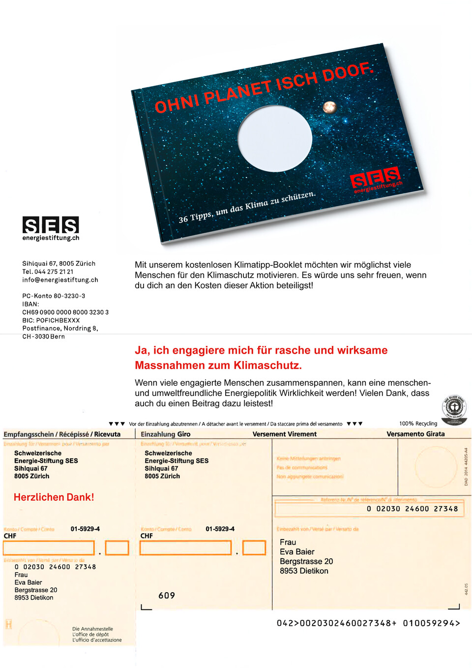 Versand Klimatipp-Booklet mit Spendenaufruf