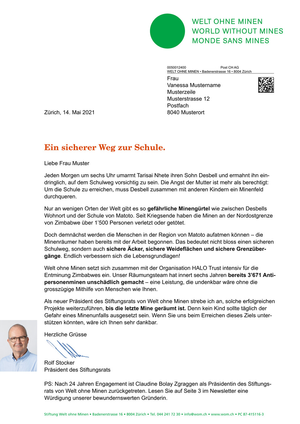 Mailingprogramm für Welt ohne Minen