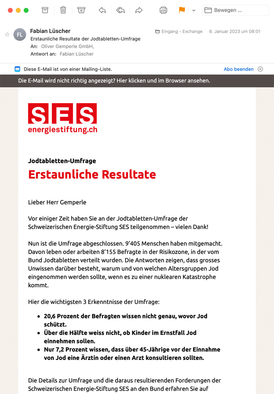 Ankündigung des Umfrage-Resultats per E-Mail