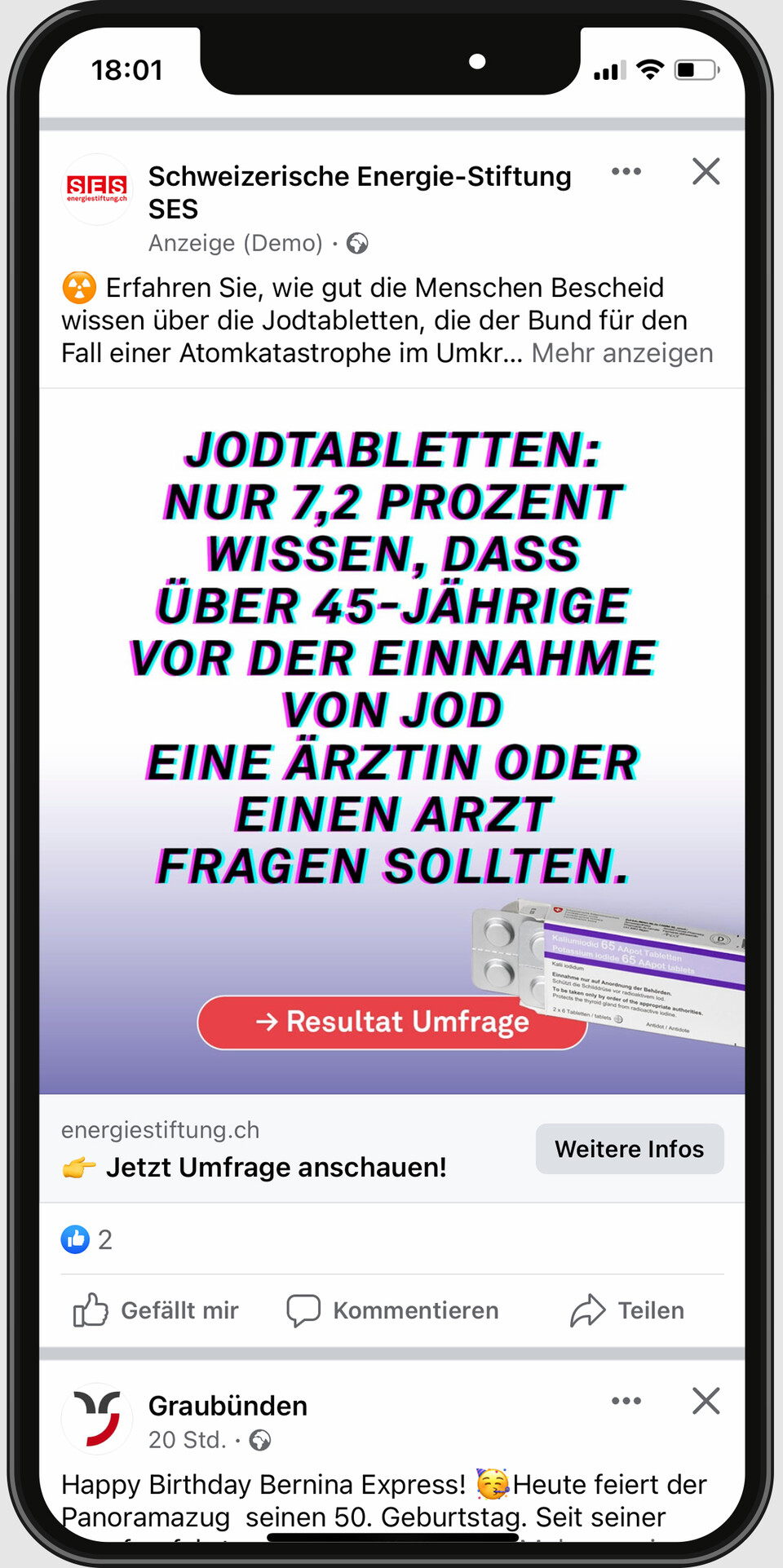 Ads zur Ankündigung des Umfrage-Resultats
